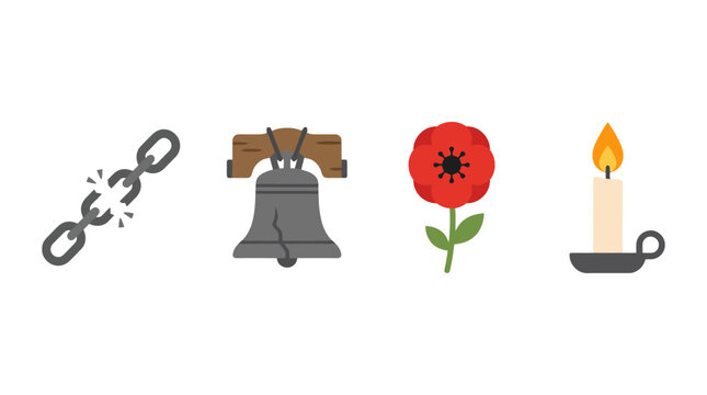 Freedom remembrance and hope symbol vector set with broken chain liberty bell red poppy and burning candle for memorial design.