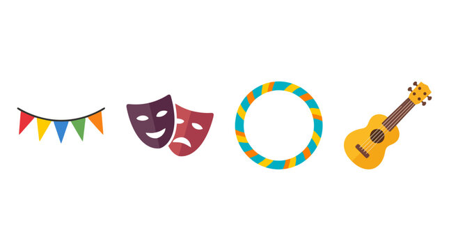 Entertainment vector icon set with bunting banner theater masks hula hoop and guitar for party event and media design.