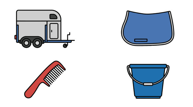 Equestrian equipment vector icon set with horse trailer saddle pad comb and bucket for stable riding and grooming design.