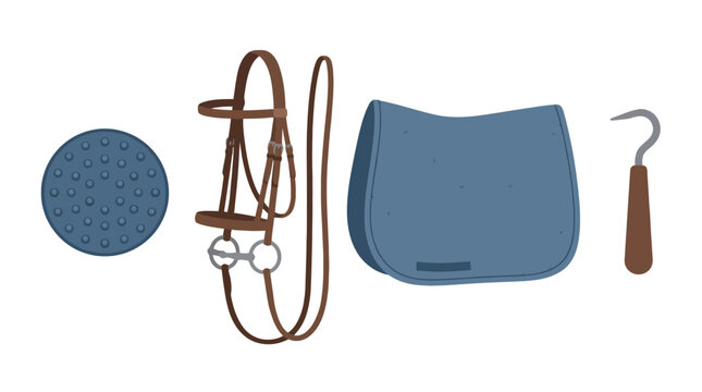 Essential horse grooming and riding equipment vector icon set for equestrian stable and riding club design.