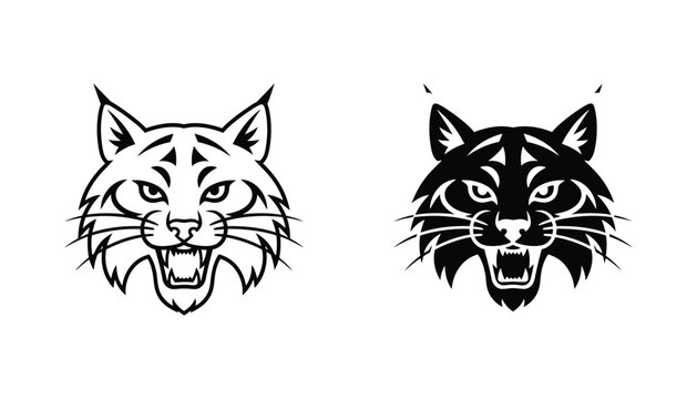 Fierce bobcat head mascot icon with sharp teeth and whiskers in line art and solid black silhouette styles for sports team logos and wildlife branding graphics isolated on white vector design