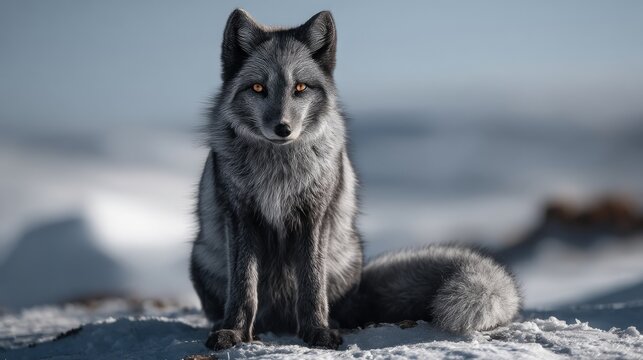 Majestic Grey Fox Sitting Gracefully on Snowy Terrain with Fur Texture