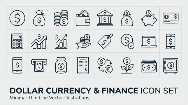 A minimal thin line vector illustration icon set for dollar currency and finance, encompassing 50 editable stroke symbols for financial applications.