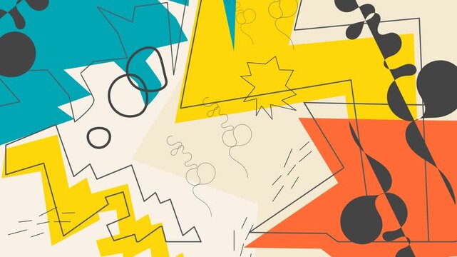 Seamless loop animation of an abstract background featuring various objects and irregular lines moving randomly, creating a dynamic Memphis style visual on a solid colorful background
