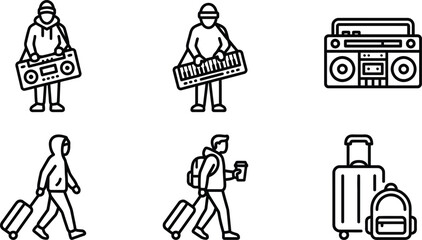 Fototapeta premium Professional Musician and Traveler Vector Icon Set with Boombox Keyboard and Luggage