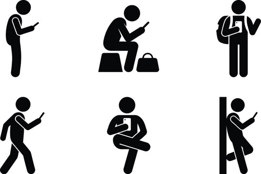People Using Mobile Phone and Smartphone Technology Stick Figure Vector Icon Set Pack