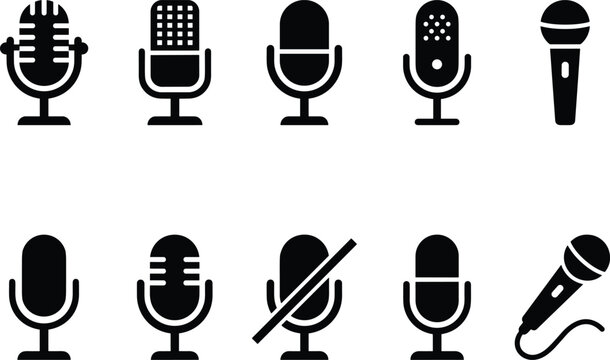 Microphone icon set featuring retro studio podcast and vocal mic symbols for recording broadcasting and audio communication designs.