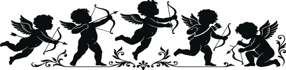 Fototapeta premium Set of flying cupid silhouettes with bows and arrows on floral ornament for romantic Valentines Day designs.