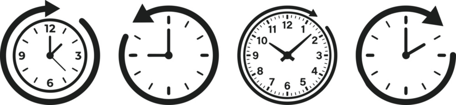 Set of clock icons with circular arrows representing time passage history updates and management for business schedule designs.
