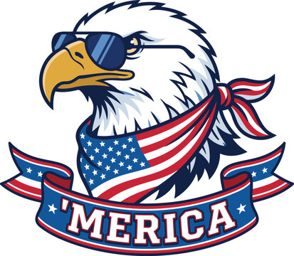 Patriotic Bald Eagle Vector Art Wearing Sunglasses and American Flag Bandana 'Merica Mascot Design
