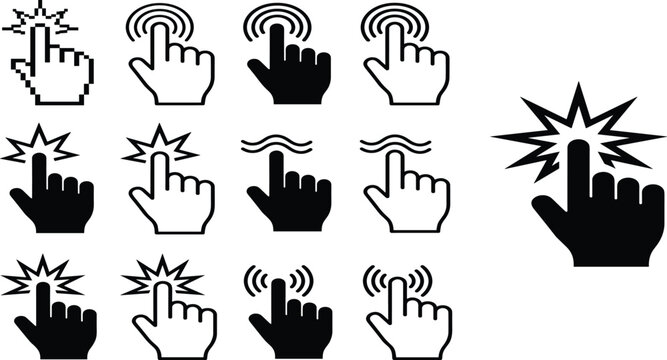 Vector icon set of hand cursor clicking and touch screen gestures with ripple and spark effects for UI.
