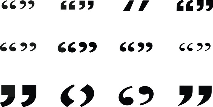 Vector icon set of quotation marks featuring diverse typography styles for blog posts citations and creative testimonials.