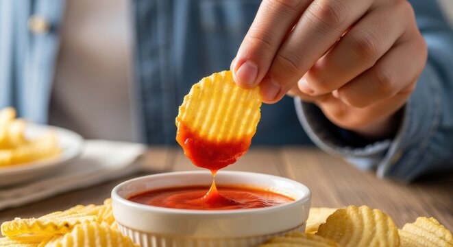 Crisp Dipping Delights: A close-up shot of a hand dipping a single, golden crisp into a bowl of vibrant, red sauce, capturing a moment of pure culinary pleasure.