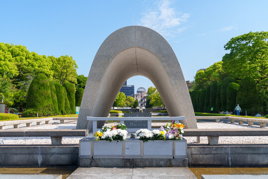 Hiroshima, Japan - April 19, 2026: Cenotaph for A-bomb Victims in Hiroshima Peace Memorial Park