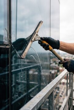Glass facade being cleaned with a squeegee by gloved hands for facility management, high-rise building maintenance and commercial window cleaning service campaigns