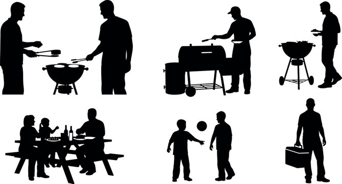 Silhouette illustrations of people enjoying outdoor barbecue and picnic