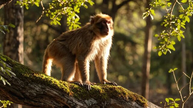 Barbary macaque monkey perched on a moss-covered tree branch in a sunlit forest environment, observing its surroundings
