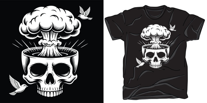 Exploding human brain skull graphic design for t-shirt print with flying doves and nuclear mushroom cloud mushroom art.