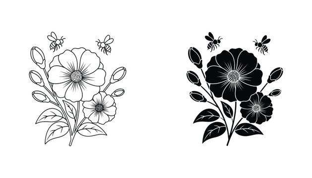 Floral bouquet with honey bee vector illustration set featuring blooming flowers and insects for nature branding and spring design projects