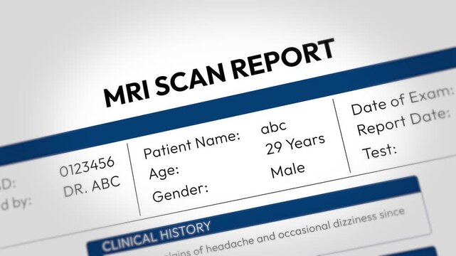 MRI Scan Test Report. Advanced Diagnostic Imaging, Radiology Analysis, Medical Screening, Internal Examination, Clinical Evaluation and Healthcare. Random MRI Scan Test Report 4K Video Animation