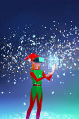 Naklejka premium Christmas Elf Wearing VR Headset in Virtual Winter Wonderland