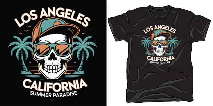 Los Angeles California skull with cap and sunglasses. Summer paradise vibe.