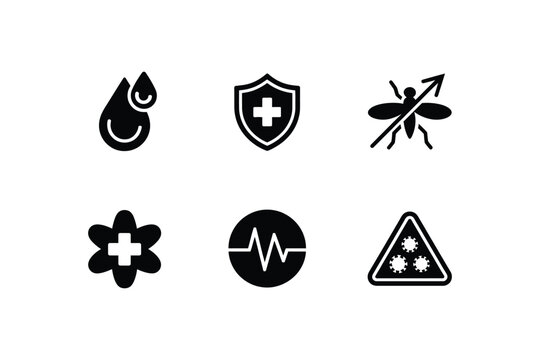 A collection of six black on a white background, featuring a water drop, a medical shield, a mosquito with a cross-out line, a flower with a cross, a heartbeat pulse, and a virus cell