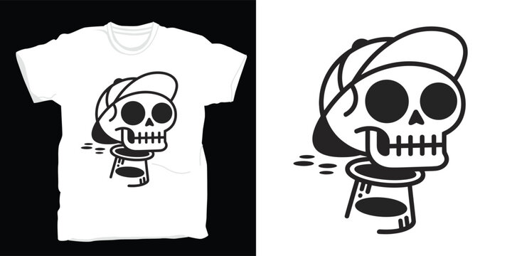 Minimalist vector t shirt design showing cartoon skeleton head wearing backwards baseball cap standing on simple pedestal.