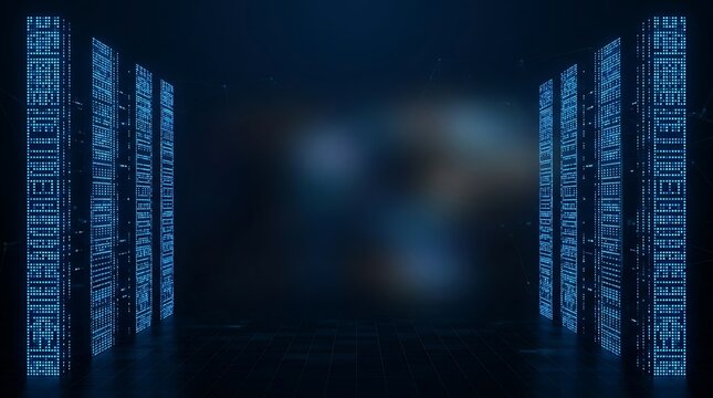 Two futuristic digital pillars composed of glowing blue pixels arranged like data servers in a dark futuristic room.