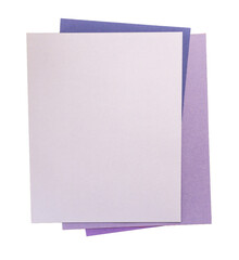 Fototapeta premium Stacked blank paper sheets in light and purple tones, arranged as a simple craft, stationery, and design material composition.