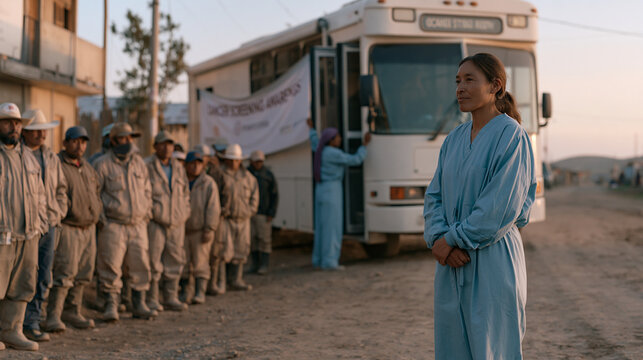 Traveling oncology screening bus parks on the muddy main street of a remote rural town as a nurse in scrubs hangs a cancer screening awareness banner across the bus door, a small crowd of residents 