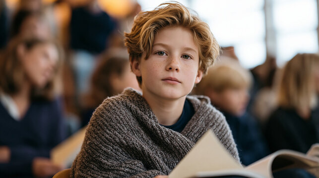 Ten-year-old student finishing advanced math workbook early and staring at gymnasium ceiling during school assembly while peers watch performance, isolated and understimulated, overcast window light