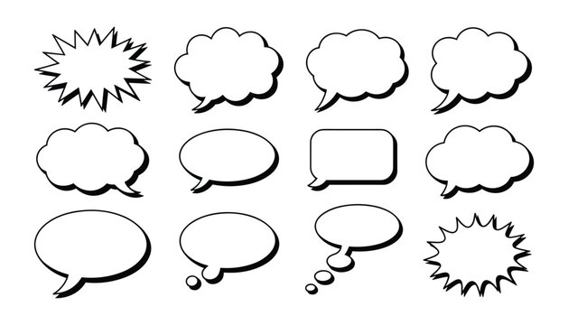 Collection of black and white comic speech bubbles and thought balloons