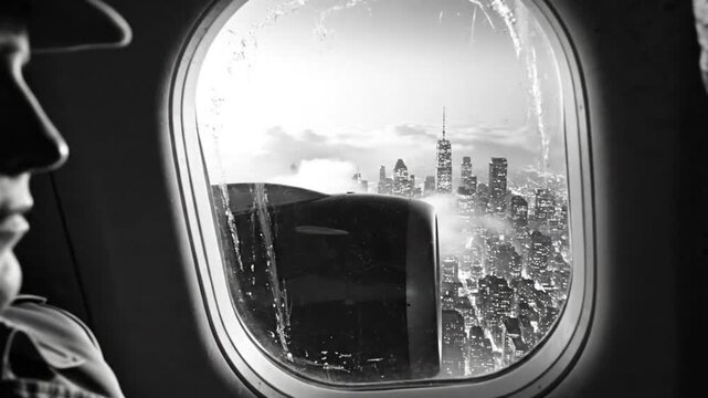 Black and white film noir scene of a man in a hat looking out of an airplane window at a city