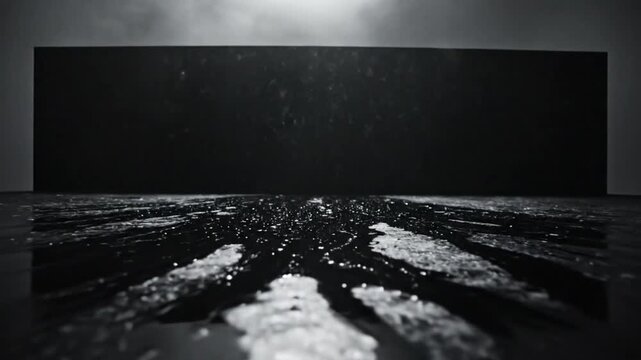 Abstract monochrome video of a dark surface with falling water droplets and reflective patterns with a solid black backdrop