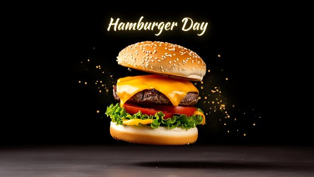 Delicious cheeseburger floating in the air on a black background for hamburger day