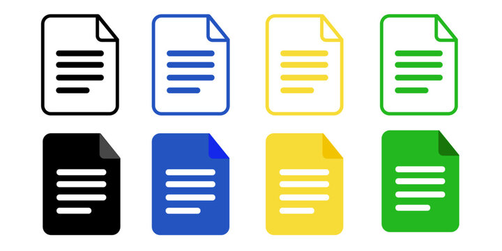set of file documents report icon blue yellow green and black outline and solid vector illustration