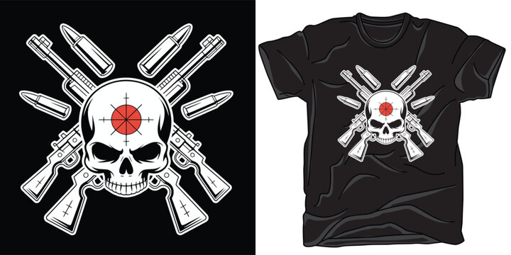Skull target rifles bullets, tactical t-shirt design, crossfire, military theme.