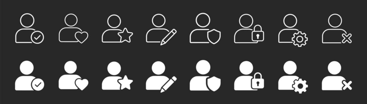User profile avatar account icon set with editable outline people search and business vector collection