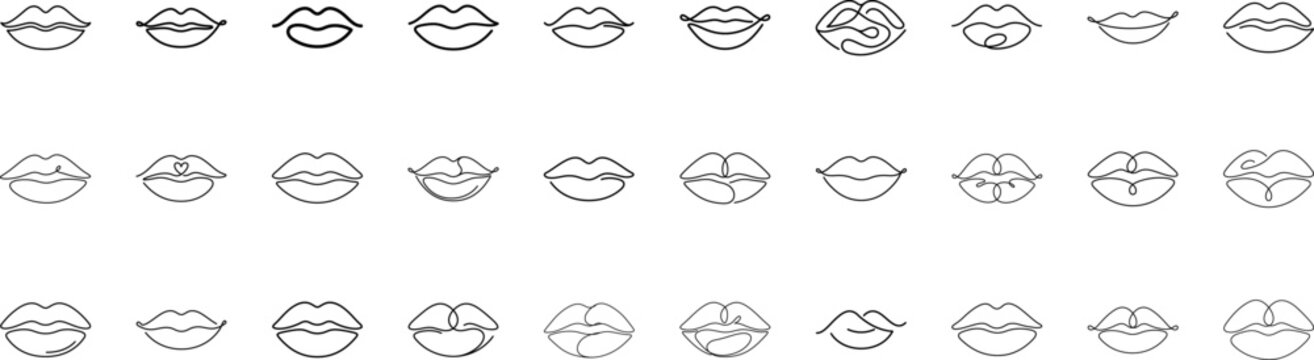 Continuous line art lips icon set. Minimalist vector illustration of mouth and kiss symbols in a thin line style