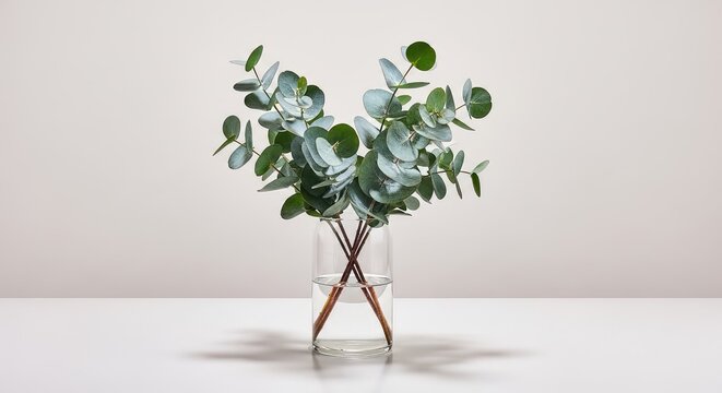 A sophisticated arrangement of fresh silver dollar eucalyptus branches in a glass vase, capturing natural textures and soft organic tones, herbal, organic, simplicity