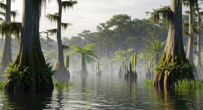 A wide-angle panoramic view of a lush prehistoric swamp with dense ferns, ancient trees, misty air, and stagnant water under a hazy sky, marsh, outdoors, tropical