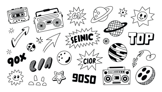 1990s nostalgia doodle set cassettes boomboxes planets and retro graphics