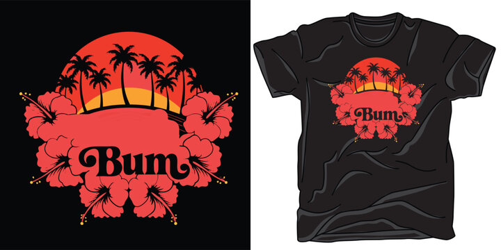 Sunset palm tree hibiscus flower vector illustration. retro sunset palm tree and hibiscus flower graphic design element.