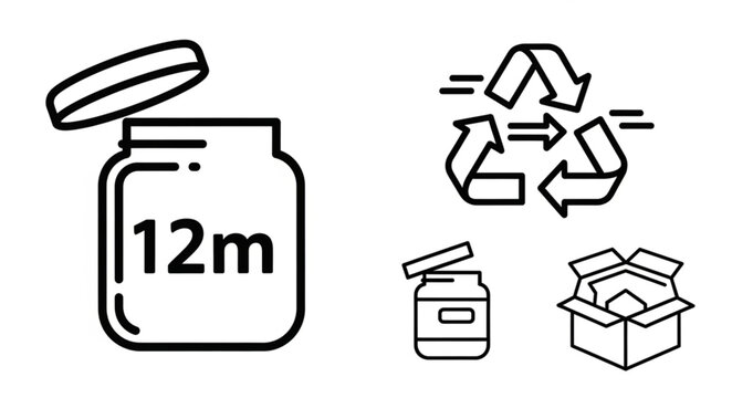 Recycling symbols and packaging icons for product information.