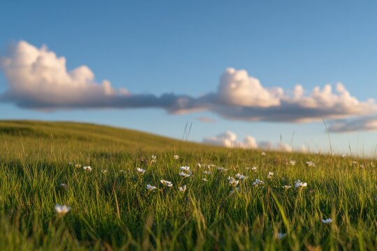 Tranquil countryside hillscape featuring fluffy clouds and open horizon