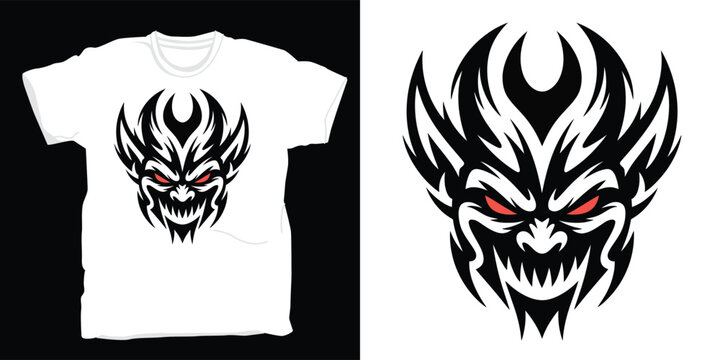 Tribal demon face, red eyes, sharp teeth, scary expression, aggressive monster, dark tattoo style.