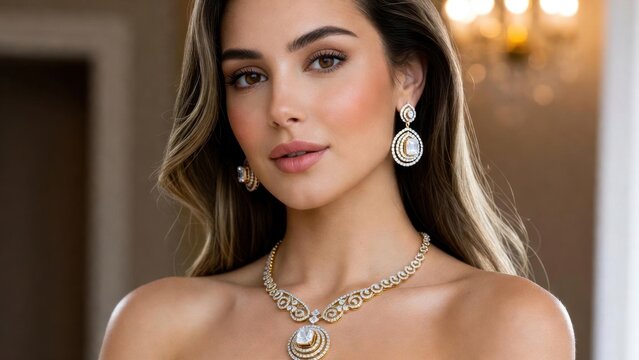 Woman showcasing pendant necklace posing in classic interior