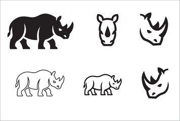 Minimalist Rhinoceros Vector Icon Set in Line Art and Silhouette Style © Sima