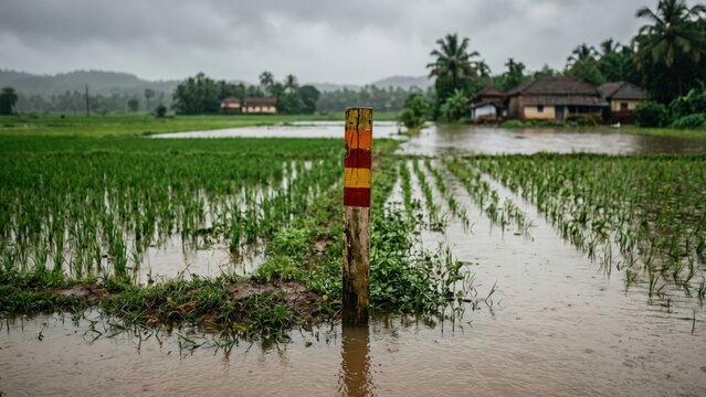Flood Warning Marker in Monsoon Farmland &ndash; Climate Change Agriculture Banner